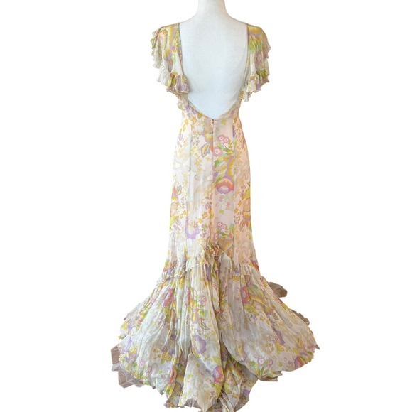 Hartnell Maxi Dress Floral Ruffle Flutter Sleeve V Neck Gown S M Silk - Picture 3 of 14